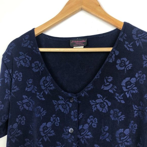 Vintage 80s 90s Navy Blue Floral Crop Top Size M Button Up Short Sleeve Shirt - Picture 2 of 6